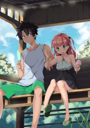 Rule 34 | 1boy, 1girl, :/, absurdres, bare shoulders, bench, black hair, blue eyes, bracelet, day, dress, feet, flip-flops, food, foot dangle, green eyes, green shorts, grimace, halterneck, hand up, height difference, highres, holding, ice cream, ice cream cone, jewelry, kaosu kun, long hair, looking at another, looking down, multicolored clothes, multicolored dress, no socks, open mouth, original, outdoors, pleated dress, popsicle, red hair, sandals, short dress, short hair, short twintails, shorts, side-by-side, sitting, sky, sleeveless, sleeveless dress, spill, star (symbol), summer, tank top, toes, twintails, two side up