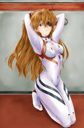 Rule 34 | 1girl, absurdres, arms behind head, arms up, artist request, baumku techen, blue eyes, bodysuit, breasts, breasts apart, brown hair, covered navel, evangelion: 3.0+1.0 thrice upon a time, eyepatch, full body, hands in hair, headgear, highres, kneeling, long hair, neon genesis evangelion, parted lips, plugsuit, rebuild of evangelion, small breasts, solo, souryuu asuka langley, very long hair, white bodysuit