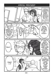 Rule 34 | 1boy, 1girl, 4koma, bean bag chair, black hair, blush, breasts, chips (food), comic, cup, english text, food, game console, glasses, greyscale, headset, jitome, large breasts, long hair, monochrome, original, peach88, playstation 2, poster (object), scar, scar on arm, spiked hair, television, video game