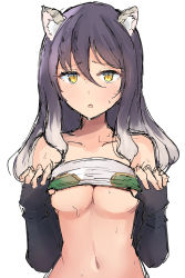 Rule 34 | 1girl, animal ear fluff, animal ears, black gloves, black hair, blush, breasts, cleavage, elbow gloves, fingerless gloves, gloves, gradient hair, grey hair, hair between eyes, highres, lifted by self, long hair, looking at viewer, medium breasts, multicolored hair, navel, nyakonro (nekonro), parted lips, princess connect!, shiori (princess connect!), simple background, sketch, solo, sweat, tiger ears, underboob, upper body, white background, yellow eyes