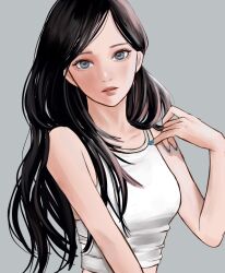 Rule 34 | 1girl, bare shoulders, black hair, blue nails, collarbone, commentary, crop top, grey background, grey eyes, highres, komadakoma1, long hair, looking at viewer, midriff, nail polish, original, parted lips, simple background, solo, tank top, white tank top
