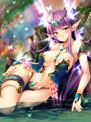 Rule 34 | 1girl, akira b, armor, bikini armor, blush, breasts, bug, butterfly, covered erect nipples, curvy, highres, insect, large breasts, long hair, looking at viewer, lying on water, midriff, nail polish, navel, off shoulder, original, outdoors, parted lips, pink hair, pointy ears, priget plus, rock, sitting, sitting on rock, solo, tiara, wide hips, yellow eyes