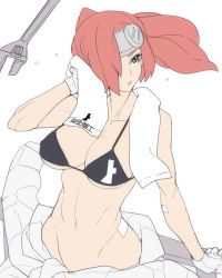 Rule 34 | 1girl, ban! (bansankan), bikini, bikini top only, bottomless, breasts, cleavage, clothes around waist, collarbone, gloves, grey eyes, groin, hair over one eye, headgear, large breasts, navel, ponytail, red hair, sasaki (sidonia no kishi), sidonia no kishi, simple background, solo, swimsuit, toned, towel, white background, white gloves, wiping sweat, wrench