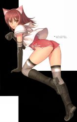 Rule 34 | 1girl, absurdres, animal ears, ass, boots, cat ears, elbow gloves, fang, female focus, fishnets, gloves, highres, mao (shining tears), naughty face, no panties, paw pose, red eyes, red hair, sega, shining (series), shining wind, short hair, solo, thighhighs, thighs, tony taka