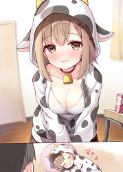 Rule 34 | 1boy, 1girl, animal costume, animal ears, animal hood, animal print, bell, black hair, blurry, blurry background, blush, breasts, brown eyes, brown hair, can, childhood friend (ominaeshi), chinese zodiac, cleavage, closed eyes, collar, collarbone, commentary request, cow costume, cow ears, cow hood, cow horns, cow print, depth of field, drunk, fake animal ears, fake horns, hair between eyes, hair ornament, hairclip, highres, hood, hood up, hooded jacket, horns, indoors, jacket, looking at viewer, lying, medium breasts, neck bell, ominaeshi (takenoko), on side, open clothes, open jacket, original, parted lips, print jacket, red collar, shirt, smile, table, translation request, white jacket, white shirt, year of the ox
