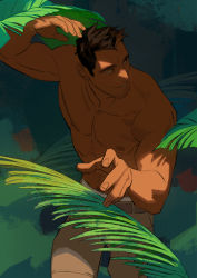 Rule 34 | 1boy, bara, black eyes, black hair, facial hair, forest, highres, horikwawataru, looking to the side, male focus, nature, navel, navel hair, nipples, original, pants, pectorals, shadow, topless male, short hair, smile, solo, stubble, toned, toned male, white pants