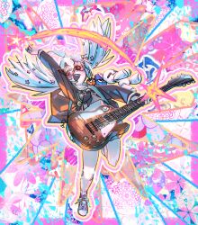 Rule 34 | 1girl, ahoge, arm up, black jacket, black neckerchief, blonde hair, blue archive, blue eyes, blue hair, full body, glasses, grey shirt, grey skirt, guitar, hair ornament, halo, highres, holding, holding guitar, holding instrument, instrument, jacket, light blue hair, long sleeves, looking at viewer, multicolored hair, neckerchief, open mouth, outstretched arm, pararilla, pink hair, pink halo, pleated skirt, purple eyes, reisa (blue archive), sailor collar, shirt, shoes, skirt, smile, solo, star (symbol), star hair ornament, star halo, twintails