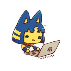 Rule 34 | 1girl, animal crossing, animal ears, ankha (animal crossing), ankha zone (meme), bare shoulders, black eyes, blue hair, cat ears, cat girl, colored skin, computer, detached sleeves, dress, egyptian clothes, furry, furry female, hair ornament, laptop, nintendo, no humans, open mouth, short hair, simple background, sitting, snake hair ornament, solo, waifuartz, white background, white dress, yellow skin