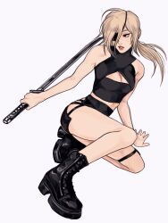 Rule 34 | 1girl, black eyes, black footwear, black shorts, boots, breasts, chainsaw man, cleavage cutout, clothing cutout, cropped shirt, cross-laced footwear, eyepatch, floating hair, full body, hair over one eye, highres, hip vent, holding, holding sword, holding weapon, imeko san, katana, lace-up boots, looking to the side, low ponytail, medium breasts, midriff peek, parted lips, ponytail, quanxi (chainsaw man), shirt, shorts, side cutout, simple background, sleeveless, sleeveless shirt, solo, sword, thigh strap, weapon, white background, white hair