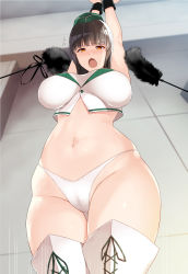 Rule 34 | 1girl, arms up, bandeau, blunt bangs, blush, boots, breasts, brown eyes, brown hair, cameltoe, commentary request, crop top, from below, girls und panzer, highres, knee boots, large breasts, looking at viewer, nakamura yukitoshi, navel, nishizumi shiho, official alternate costume, open mouth, pacific racing team, panties, race queen, standing, tickling, tickling armpits, two-tone skirt, underwear, white bandeau, white footwear, white panties, wristband