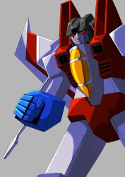 Rule 34 | 1980s (style), 1boy, absurdres, arm cannon, bad id, bad pixiv id, cannon, dai den jin, decepticon, grey background, highres, male focus, mecha, no humans, oldschool, red eyes, retro artstyle, robot, simple background, solo, starscream, transformers, weapon