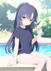 Rule 34 | 1girl, absurdres, black hair, black shirt, blue archive, blue eyes, blush, bottle, breasts, commentary request, day, facial mark, hair between eyes, hand up, highres, holding, holding bottle, jyt, long hair, no halo, outdoors, parted lips, shirt, short sleeves, sitting, small breasts, solo, star (symbol), tree, very long hair, water, water bottle, yuuka (blue archive), yuuka (track) (blue archive)