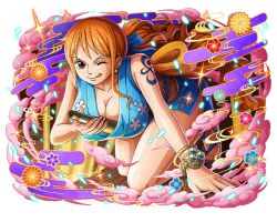 Rule 34 | 1girl, armlet, bracelet, breasts, brown eyes, cleavage, japanese clothes, jewelry, large breasts, long hair, nami (one piece), official art, one eye closed, one piece, one piece treasure cruise, orange hair, sandals, shoulder tattoo, solo, tattoo, tongue, tongue out, zouri