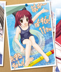 Rule 34 | 00s, 1girl, :d, afloat, aged down, barefoot, blush, bow, brown eyes, dated, feet, flat chest, hair bow, happy, innertube, kousaka tamaki, lane line, map (blue catty), one-piece swimsuit, open mouth, photo (object), pool, red hair, school swimsuit, short hair, smile, soles, solo, swim ring, swimsuit, to heart (series), to heart 2, translation request, water