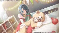 Rule 34 | 2girls, aizawa kazuha, animal hood, assault lily, asymmetrical hair, bare shoulders, bear hood, bed, blue eyes, blue hair, blunt bangs, blurry, blurry foreground, book, bow, box, breasts, brown pajamas, brown pants, christmas, christmas lights, christmas stocking, christmas tree, cleavage, closed eyes, closed mouth, collar, commentary request, dress, dutch angle, elbow gloves, frilled collar, frilled dress, frills, fur-trimmed sleeves, fur trim, gift, gift box, gloves, green collar, grey hair, hair between eyes, hair ornament, hand up, highres, hood, hood up, hooded pajamas, hz (helu 2), indoors, lens flare, light smile, long sleeves, looking at another, lying, medium breasts, medium hair, multicolored hair, multiple girls, official alternate costume, official art, on bed, on side, pajamas, pants, parted lips, pennant, pillow, print dress, red bow, red dress, sasaki ran, shadow, shelf, sitting, sleeping, sleeveless, sleeveless dress, sleeves past fingers, sleeves past wrists, sparkle print, star (symbol), star hair ornament, streaked hair, string of flags, watermark, white gloves, white hair