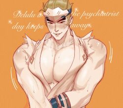 Rule 34 | 1boy, artist name, black eyes, blush, english text, forehead protector, genji (overwatch), green hair, highres, large pectorals, looking at viewer, male focus, muscular, muscular male, nuggies (nug gies), orange background, overwatch, overwatch 1, pectoral cleavage, pectorals, seductive smile, short hair, simple background, smile, solo, sweat, thick arms, twitter username, vambraces, vest, white vest