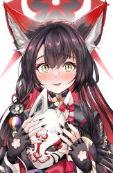 Rule 34 | 1girl, akegata tobari, animal ear fluff, animal ears, black gloves, black hair, black kimono, black nails, blue archive, blush, colored inner hair, fingerless gloves, fingernails, fox ears, fox girl, fox mask, gloves, halo, highres, holding, holding mask, japanese clothes, kimono, long fingernails, long hair, looking at viewer, mask, multicolored hair, red hair, solo, upper body, wakamo (blue archive), yellow eyes