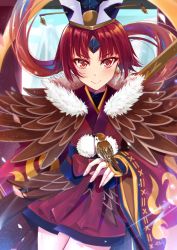 Rule 34 | 1girl, absurdres, benienma (fate), bird, blush, brown hair, commentary request, fate/grand order, fate (series), gu li, hat, highres, japanese clothes, kimono, long hair, long sleeves, looking at viewer, low ponytail, parted bangs, red eyes, red hair, smile, solo, wide sleeves