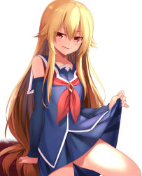 Rule 34 | 1girl, arm support, arm warmers, bare shoulders, blonde hair, blue sailor collar, blue shirt, blue skirt, blush, clothes lift, collarbone, commentary request, eyes visible through hair, gem, hair between eyes, hair flaps, highres, leaning on object, leg up, lifting own clothes, long hair, looking at viewer, mahcdai, neckerchief, open mouth, original, pleated skirt, red eyes, red neckerchief, sailor collar, shirt, sidelocks, simple background, skirt, skirt lift, sleeveless, sleeveless shirt, slit pupils, solo, tsurime, very long hair, white background