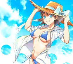 Rule 34 | 1girl, bikini, blue bikini, blue eyes, brown hair, commentary request, day, hands on headwear, hat, hiei (kancolle), hood, hoodie, kantai collection, looking at viewer, navel, saki (little crown), short hair, sky, sleeves rolled up, smile, solo, straw hat, swimsuit