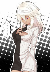 Rule 34 | 1girl, alternate costume, arm behind back, breasts, colored eyelashes, dark skin, dark-skinned female, dress, expressionless, guilty gear, guilty gear xrd, hair between eyes, hand on own chest, long hair, looking at viewer, meme attire, open-chest sweater, ramlethal valentine, ribbed sweater, small breasts, solo, sweater, sweater dress, turtleneck, white hair, yellow eyes, you-ki (youki free)