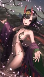 1girl :d black_choker black_hair breasts choker chorogon collarbone day fang fate/grand_order fate_(series) hair_ornament highres horns looking_at_viewer navel open_mouth outdoors outstretched_arms purple_eyes purple_hair short_hair shuten_douji_(fate) sideboob small_breasts smile solo standing straight_hair wading