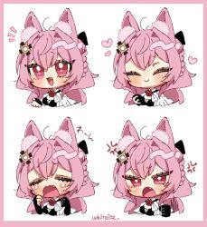 Rule 34 | 1girl, :&gt;, :d, :o, ^ ^, anger vein, animal ear fluff, animal ears, arknights, black dress, black gloves, blush, border, braid, breasts, character request, check character, chibi, cleavage, clenched hand, closed eyes, closed mouth, commentary request, cropped torso, crying, dress, fang, fingerless gloves, flower, gloves, hair between eyes, hair intakes, heart, highres, medium breasts, multiple views, notice lines, open mouth, pink border, pink hair, pozyomka (arknights), red eyes, red flower, red rose, rose, shirogoori, signature, simple background, smile, tears, upper body, v-shaped eyebrows, white background