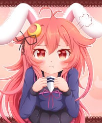 Rule 34 | 10s, 1girl, :t, animal ears, bad id, bad pixiv id, closed mouth, crescent, crescent hair ornament, fake animal ears, hair ornament, highres, kantai collection, long hair, long sleeves, pink hair, pout, rabbit ears, red eyes, school uniform, serafuku, sills, skirt, solo, uzuki (kancolle)