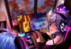 Rule 34 | 2girls, ahoge, blue hair, blurry, blurry background, book, cellphone, chair, cone hair bun, curled horns, desktop, diamond-shaped pupils, diamond (shape), embarrassed, from behind, gaming chair, ganyu (genshin impact), genshin impact, goat horns, hair bun, headphones, highres, horns, indoors, keqing (genshin impact), keyboard (computer), looking at viewer, looking back, multiple girls, off shoulder, phone, plant, playing games, purple eyes, purple hair, purple shirt, shirt, sitting, slime (genshin impact), strap, surprised, swivel chair, symbol-shaped pupils, table, tree, turning head, window, yawy8272