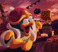Rule 34 | character request, cloud, cloudy sky, covered face, flag, flying, gloves, gooey (kirby), grass, hammer, hat, jacket, king dedede, kirby, kirby (series), mask, nintendo, open mouth, outdoors, pumpkin, running, sky, sunset, surprised, suyasuyabi, tongue, tree