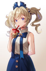 Rule 34 | 1girl, barbara (genshin impact), bare shoulders, beads, blonde hair, blue bow, blue skirt, bow, bowtie, bubble tea, casual, chibi vanille, cup, drill hair, drinking straw, genshin impact, hair beads, hair bow, hair ornament, highres, looking at viewer, skirt, sleeveless, solo, twin drills, twintails