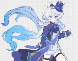 Rule 34 | 1girl, ahoge, ascot, asymmetrical gloves, black gloves, blue ascot, blue brooch, blue eyes, blue gemstone, blue hair, blue hat, blue jacket, dated, drop-shaped pupils, furina (genshin impact), gem, genshin impact, gloves, hand up, hat, jacket, long hair, long sleeves, looking at viewer, mismatched gloves, mismatched pupils, mm (motot), shorts, simple background, solo, symbol-shaped pupils, top hat, white background, white gloves, white hair, white shorts