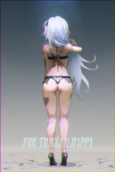 1girl ass bad_id bad_pixiv_id black_bra black_footwear black_panties bra chromatic_aberration dano from_behind full_body girls&#039;_frontline high_heels highres long_hair panties scar scar_on_arm scar_on_ass scar_on_back solo standing thunder_(girls&#039;_frontline) underwear underwear_only white_hair