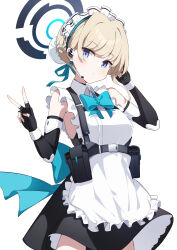 Rule 34 | 1girl, absurdres, apron, azunyan, back bow, bare shoulders, belt, belt pouch, black belt, black gloves, black shirt, black skirt, blonde hair, blue archive, blue bow, blue bowtie, blue eyes, blue ribbon, bow, bowtie, braid, breasts, bun cover, chest harness, earpiece, elbow gloves, fingerless gloves, french braid, gloves, hair bun, hair ribbon, halo, harness, highres, long hair, looking at viewer, maid apron, maid headdress, medium breasts, pouch, ribbon, shirt, short hair, single hair bun, skirt, skirt set, solo, toki (blue archive), v, white apron