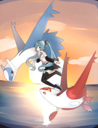 Rule 34 | 1girl, :d, absurdres, black footwear, black skirt, boots, cloud, collared shirt, commentary, creatures (company), crossover, detached sleeves, floating hair, game freak, gen 3 pokemon, hatsune miku, highres, latias, latios, legendary pokemon, long hair, necktie, nintendo, open mouth, outdoors, pleated skirt, pokemon, pokemon (creature), reflection, reirou (chokoonnpu), shirt, skirt, sky, sleeveless, sleeveless shirt, smile, symbol-only commentary, thigh boots, thighhighs, tongue, twilight, vocaloid, water, white shirt