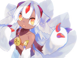 Rule 34 | 1girl, afterimage, animal ears, chachi (azuzu), claws, commentary request, dark-skinned female, dark skin, faputa, fewer digits, hands up, leaning forward, looking at viewer, made in abyss, motion blur, multiple tails, open mouth, orange eyes, simple background, solo, tail, teeth, upper teeth only, white background, white fur, white hair