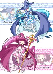 Rule 34 | 2girls, ;d, absurdly long hair, absurdres, adapted costume, alternate costume, aqua eyes, aqua hair, blue cape, blue dress, boots, cape, character name, commentary request, cure blossom, cure marine, dress, eyelashes, hair ornament, hanasaki tsubomi, happy, hat, heartcatch precure!, high heel boots, high heels, highres, jewelry, kurumi erika, large hat, long hair, looking at viewer, magical girl, mahou girls precure!, matatabi (karukan222), multiple girls, one eye closed, open mouth, pink cape, pink dress, pink eyes, pink hair, precure, smile, staff, thighhighs, thighs, very long hair, wand, witch, witch hat, wrist cuffs