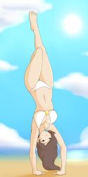 Rule 34 | 1girl, absurdres, acrobatics, armpits, arms up, artist request, avatar: the last airbender, avatar legends, barefoot, beach, bikini, breasts, brown eyes, brown hair, cleavage, cloud, collarbone, day, feet, female focus, fingernails, flexible, full body, hair down, happy, highres, leg up, legs, legs together, long hair, long image, medium breasts, midriff, navel, neck, ocean, outdoors, parted bangs, shiny skin, sky, smile, summer, sun, sunlight, swimsuit, tall image, thighs, thighs together, toenails, toes, ty lee, upside-down, water, white bikini