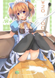 Rule 34 | 1girl, accident, animal ears, black thighhighs, blue eyes, blush, breasts, cross-laced footwear, desk, dreamlight2000, fork, lace, lace-trimmed legwear, lace trim, maid, maid headdress, medium breasts, open mouth, orange hair, original, panties, short twintails, sitting, solo, spread legs, thighhighs, twintails, underwear, white panties, wrist cuffs