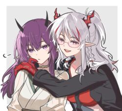 Rule 34 | 2girls, alternate costume, arknights, black necktie, black shirt, braid, colored skin, commentary request, crop top, demon girl, demon horns, dragon girl, dragon horns, expressionless, glasses, gold choker, hands on another&#039;s shoulders, highres, horns, hug, lava (arknights), lava the purgatory (arknights), long hair, long sleeves, looking at viewer, mabing, multicolored hair, multiple girls, necktie, nian (arknights), open clothes, open mouth, open shirt, pointy ears, purple eyes, purple hair, red skin, shirt, smile, streaked hair, twin braids, upper body, white hair, yuri