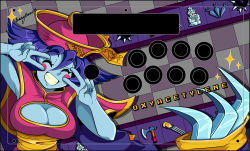 Rule 34 | 1girl, arcade stick, breasts, capcom, cleavage, controller, closed eyes, game controller, hat, jiangshi, joystick, large breasts, lei lei, smile, teeth, vampire (game)