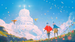 Rule 34 | 4others, absurdres, ambiguous gender, bird, black skin, blue cloak, blue headwear, blue sky, blurry, building, cloak, cloud, colored skin, commentary, confetti, dark skin, depth of field, english commentary, field, flower, flying, from behind, glowing, hat, highres, holding hands, long hair, meadow, multiple others, orange cloak, ponytail, red cloak, scenery, sheya tin, short hair, shorts, sky, sky: children of the light, sky (game), sky child, standing, string of flags, white hair, wind, winged hat, yellow cloak, yellow shorts