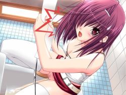 Rule 34 | 1girl, amemiya amane, atelier kaguya, bathroom, belt, blush, bow, bow panties, bra strap, breasts, censored, choco chip, cleavage, clothes lift, from above, game cg, grabbing, hair over one eye, hairband, katei kyoushi no oneesan, kateikyoushi no onee-san, long hair, looking at viewer, looking up, medium breasts, open mouth, panties, panty pull, peeing, purple hair, pussy, red eyes, red skirt, shirt, skirt, skirt lift, squat toilet, squatting, surprised, sweatdrop, tank top, thighhighs, toilet, toilet paper, toilet use, underwear, white belt, white panties, white shirt, white thighhighs