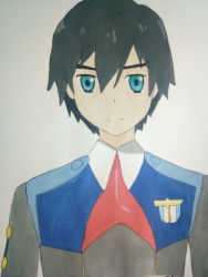 Rule 34 | 10s, 1boy, absurdres, black hair, blue eyes, darling in the franxx, highres, hiro (darling in the franxx), looking at viewer, male focus, military, military uniform, necktie, neh031, red necktie, short hair, solo, uniform