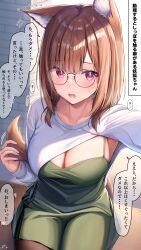 Rule 34 | 1girl, absurdres, animal ear fluff, animal ears, breasts, brown hair, cleavage, commentary request, dress, glasses, green dress, highres, large breasts, long sleeves, looking at viewer, original, pink eyes, ramchi, round eyewear, selfie, shirt, short hair, sitting, solo, speech bubble, tail, translation request, white shirt