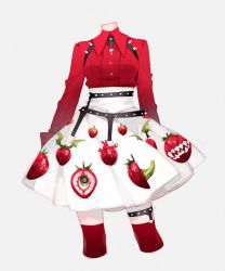 Rule 34 | 1girl, aerobe10, arms at sides, belt, collared shirt, contrapposto, cropped legs, food print, grey background, high-waist skirt, long sleeves, mannequin, original, print skirt, red shirt, red thighhighs, sharp teeth, shirt, simple background, skirt, solo, spiked belt, spikes, standing, strawberry print, teeth, thigh strap, thighhighs, white skirt, zettai ryouiki