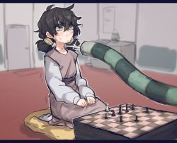 Rule 34 | 1girl, :&lt;, black hair, blade to throat, blind, blind girl (popopoka), blurry, blurry background, blush, board game, chess, chess piece, chessboard, commentary, cushion, depth of field, dress, english commentary, freckles, glint, grey eyes, hands on lap, hunter x hunter, indoors, komugi (hunter x hunter), letterboxed, long sleeves, low twintails, original, peril, popopoka, purple sash, sash, seiza, sitting, solo focus, sweat, nervous sweating, trait connection, trembling, twintails, wide-eyed, zabuton