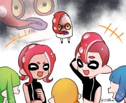 Rule 34 | 1boy, 4girls, agent 8 (splatoon), asymmetrical clothes, biting, blonde hair, blue hair, colored sclera, green hair, inkling, inkling girl, inkling player character, jealous, mohawk, multiple girls, nintendo, octoling, octoling boy, octoling girl, octoling player character, octotrooper, purple eyes, red hair, short hair, splatoon (series), splatoon 2, splatoon 2: octo expansion, tentacle hair, yellow sclera, zoom layer