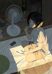 Rule 34 | 1girl, absurdres, aqua hair, barefoot, black hair, black shorts, brown eyes, cellphone, commentary request, earphones, electric fan, feet, food, food in mouth, highres, holding, holding food, ice cream, indoors, looking at viewer, multicolored hair, original, phone, popsicle, shadow, shirt, short sleeves, shorts, shurock, sitting, smartphone, solo, t-shirt, white shirt