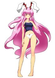 Rule 34 | 1girl, adapted costume, alternate costume, animal ears, bad id, bad pixiv id, bare shoulders, blush, bow, bow panties, breasts, camisole, collarbone, female focus, long hair, medium breasts, navel, non (z-art), panties, purple hair, rabbit ears, red eyes, reisen udongein inaba, simple background, solo, touhou, underwear, underwear only, very long hair, white background, white panties